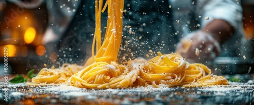 The Process of Making Pasta: Chef Preparing Food on a Dark Background , Image Background photo