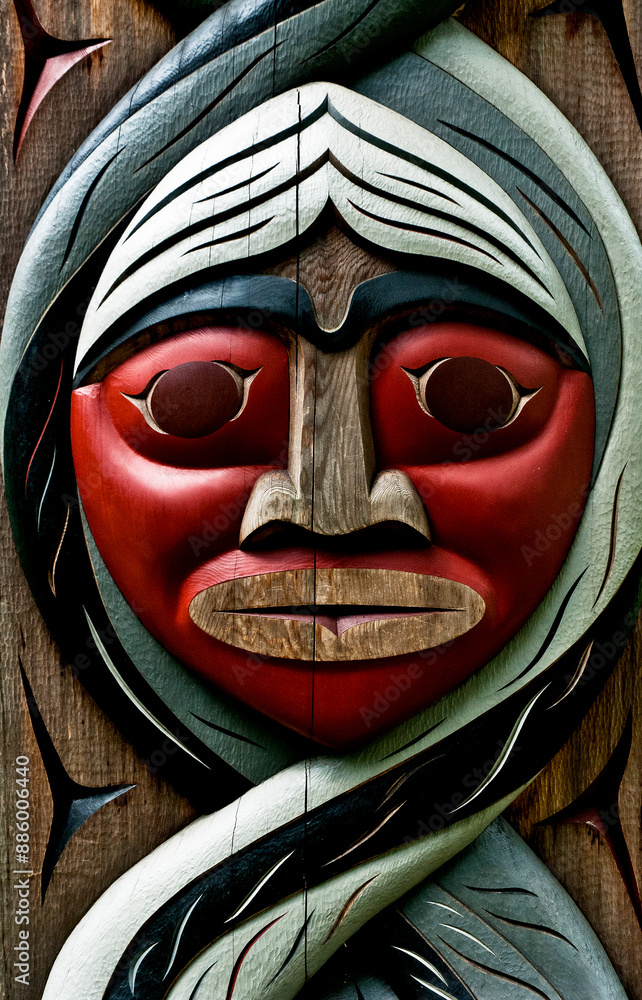 An isolated colorful carved face on an Indian Totem Pole in Stanley Park, Vancouver, British Columbia, Canada_06292012_0001. An isolated colorful carved face on an Indian Totem Pole in Stanley Park, Vancouver, British Columbia, Canada_06292012_0001.