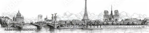 Black and white sketch of Paris city skyline featuring landmarks like the Eiffel Tower, Notre-Dame Cathedral, and bridges over the Seine river.
