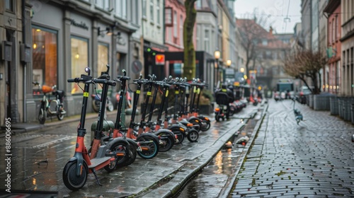 Electric scooters are widely available for rent in European city centers. They are often parked outside public transportation hubs.