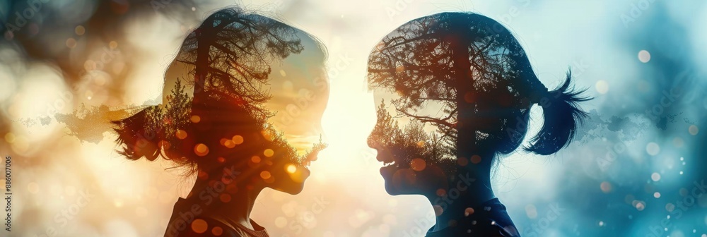 Artistic silhouette of two people facing each other with a nature ...