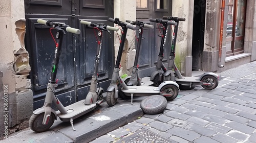 Electric scooters are widely available for rent in European city centers. They are often parked outside public transportation hubs.