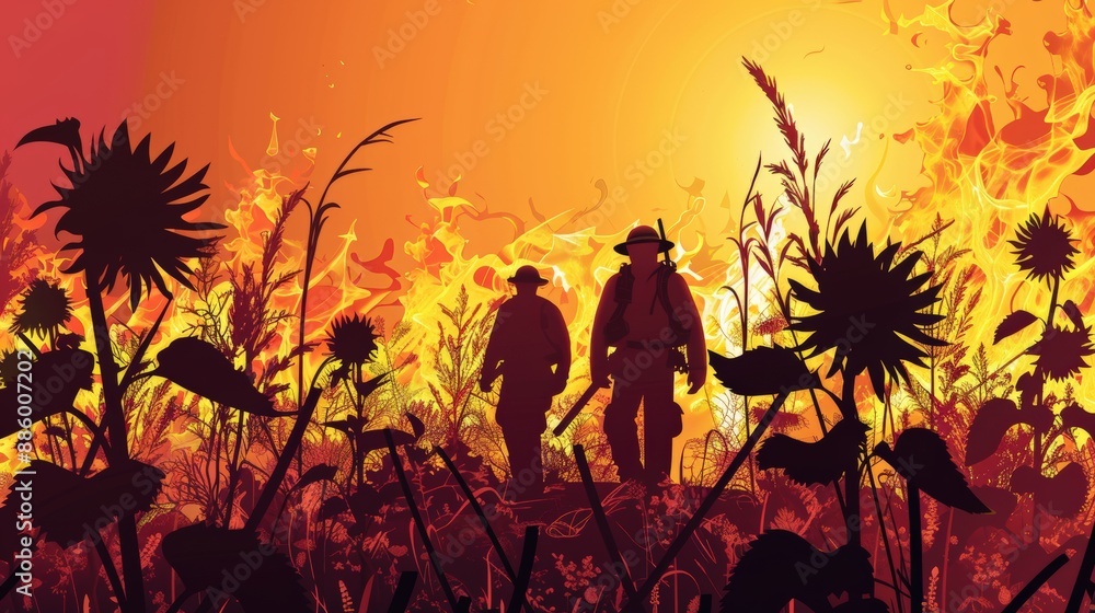 Silhouettes of firefighters walking through a wildland fire with burning vegetation and sunflowers at sunset.