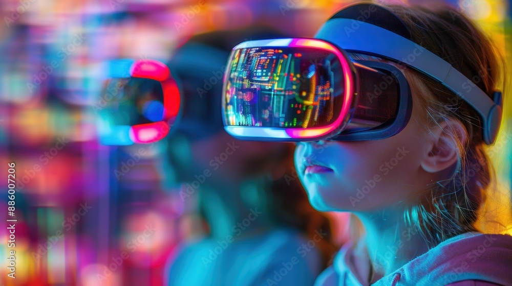 Children wearing virtual reality headsets immersed in a colorful digital world, experiencing futuristic technology and entertainment. Children wearing virtual reality headsets immersed in a colorful digital world, experiencing futuristic technology and entertainment.