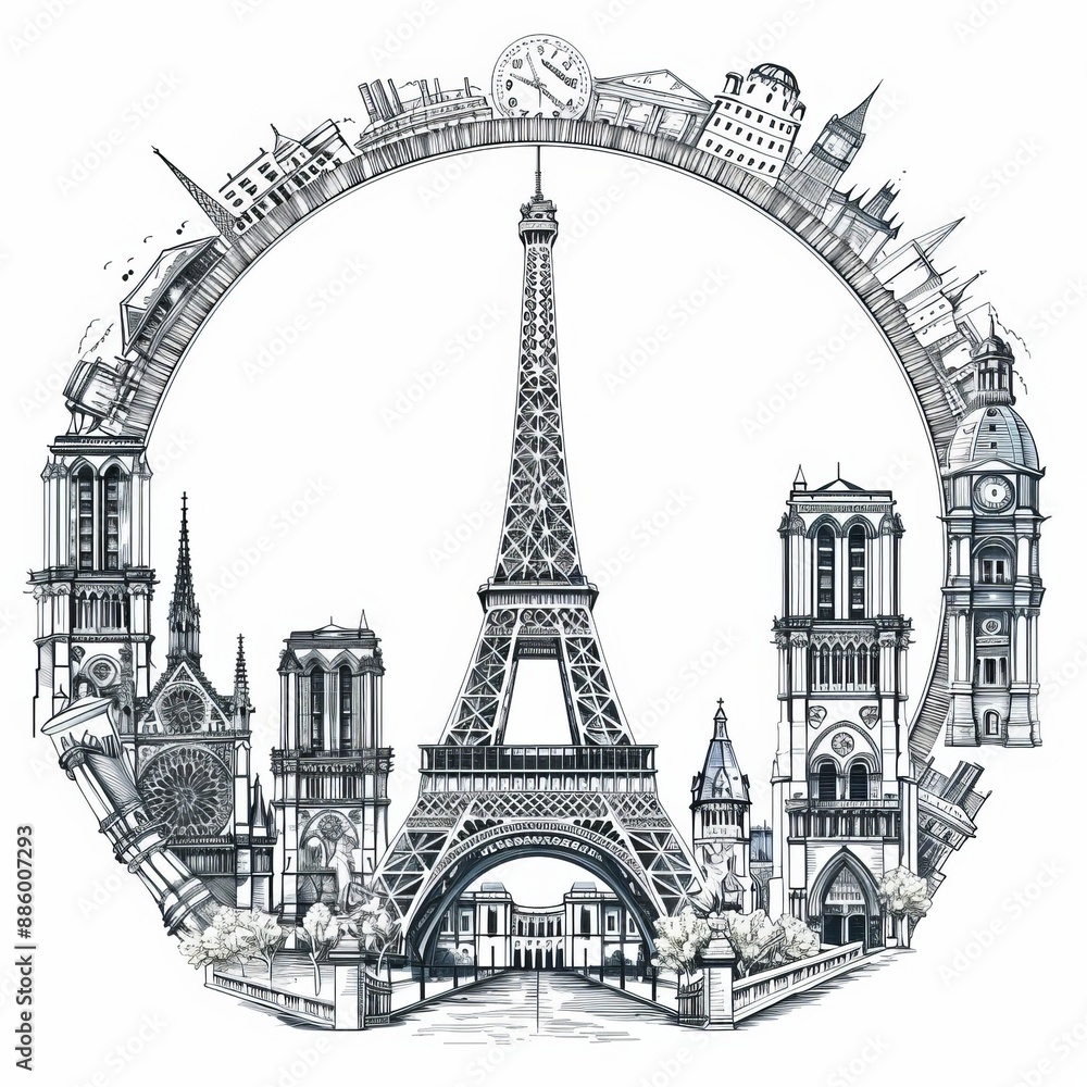 Obraz premium Iconic French Landmarks Arranged in a Detailed Woodcut Style Circle Design for T Shirt Prints
