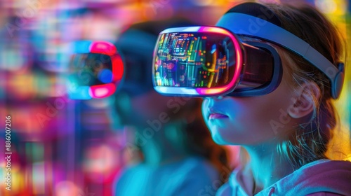 Children wearing virtual reality headsets immersed in a colorful digital world, experiencing futuristic technology and entertainment.