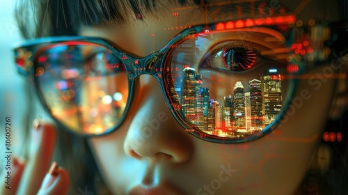 Wallpaper Mural Close-up of reflective glasses showing a city skyline at night, illustrating modern technology, urban life, and digital reflection. Torontodigital.ca