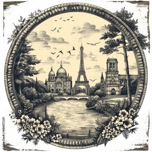 Iconic French Landmarks Arranged in a Circular Linoleum Engraved Print Design for Notepaper Cover and T shirt Graphics