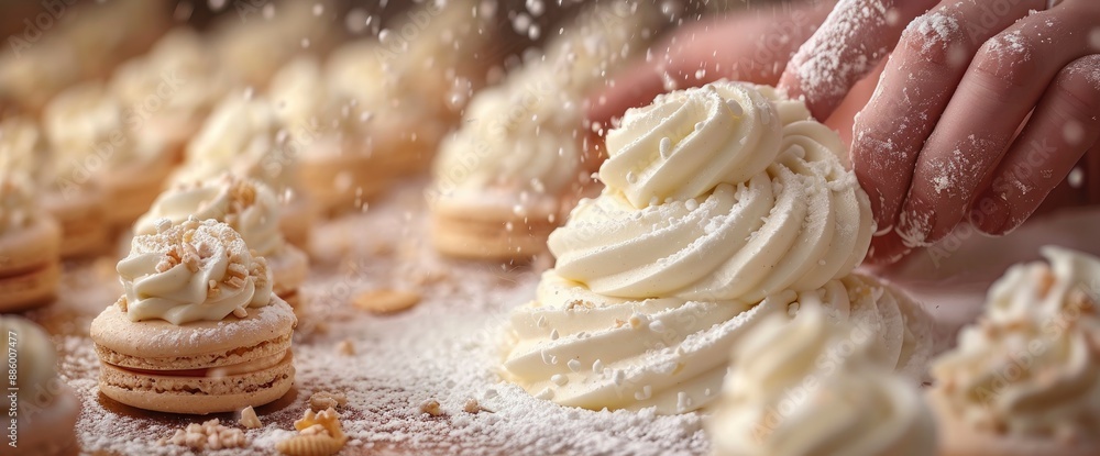 Mixer whipping protein cream for filling and decorating macarons, Image Background Mixer whipping protein cream for filling and decorating macarons, Image Background