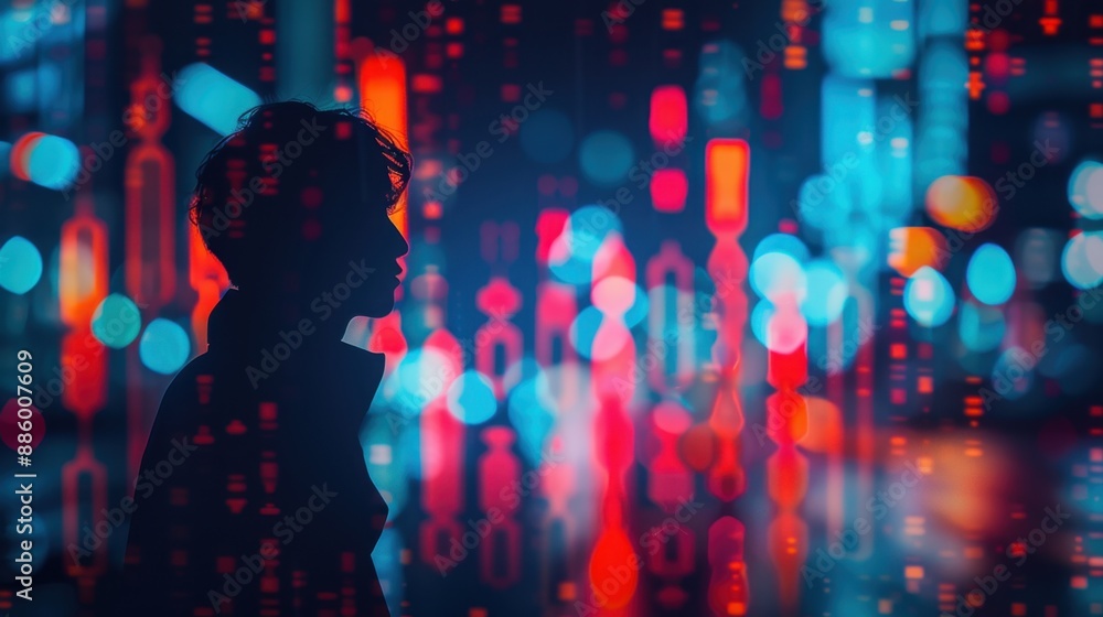 Silhouette of a person against a backdrop of colorful, abstract digital code, representing modern technology and urban life. Silhouette of a person against a backdrop of colorful, abstract digital code, representing modern technology and urban life.
