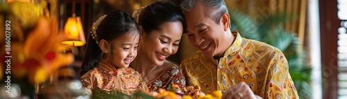 Family celebrating a cultural festival with traditional attire and food, showcasing heritage and customs photo