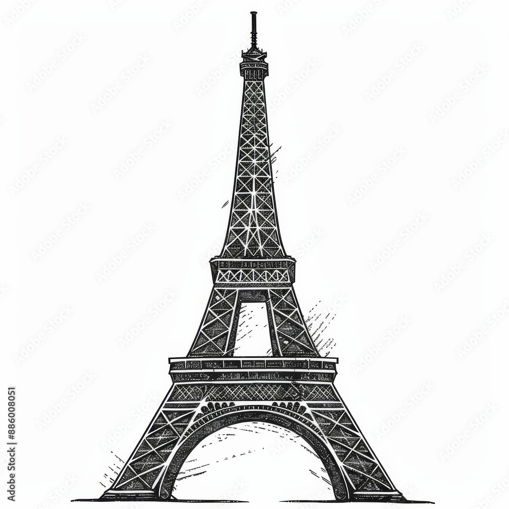 Fototapeta premium Linocut Eiffel Tower Line Drawing Black and White Graphic for T shirt or Notepaper Cover