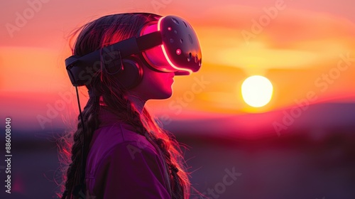 Young woman wearing a virtual reality headset outdoors at sunset, experiencing immersive technology in a vibrant landscape.
