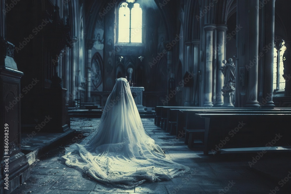 The bride in white dress is praying in the church The bride in white dress is praying in the church