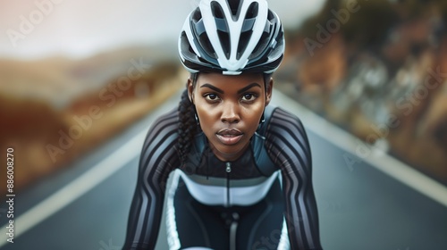 Dynamic Female Cyclist Conquers Sunny Road in Professional Gear with Sleek Helmet photo