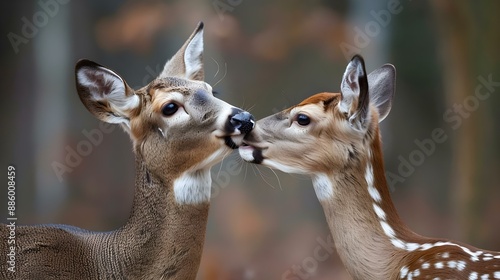 White-Tailed Deer Licking Her Faun