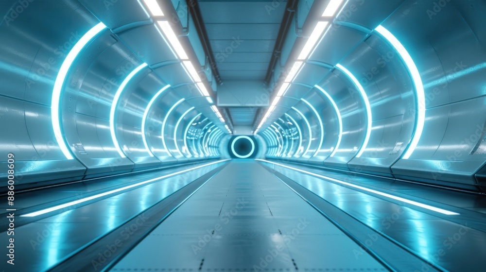 A futuristic tunnel with sleek white walls and neon blue lights. The scene is clean and modern, highlighting advanced infrastructure and design. A futuristic tunnel with sleek white walls and neon blue lights. The scene is clean and modern, highlighting advanced infrastructure and design.