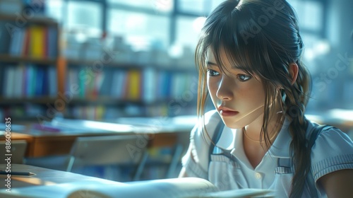 A young girl studying in a classroom in a school. The scene is educational and engaging  highlighting learning and concentration.