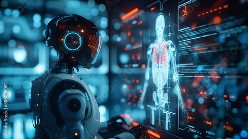 Futuristic AI Robot Monitors Vital Signs, Interfaces with Skeletal Structure, Organs, and Nervous System, Advancing Medical Technology and Healthcare Innovation.