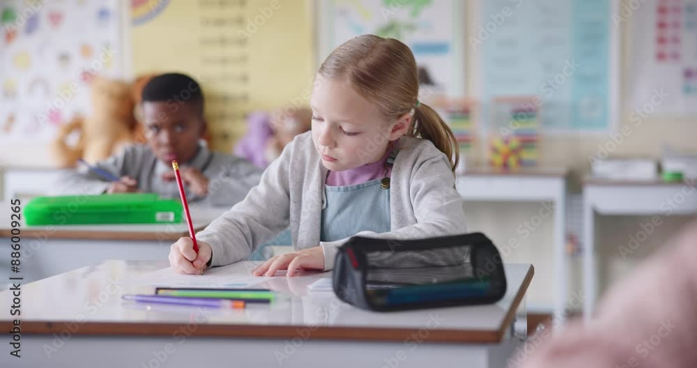 Girl, child and writing test in classroom, problem solving or exam for progress in education at academy. Pupil, school kids and math notes in book for learning, scholarship and thinking in Berlin Girl, child and writing test in classroom, problem solving or exam for progress in education at academy. Pupil, school kids and math notes in book for learning, scholarship and thinking in Berlin