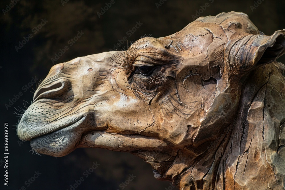 Wooden sculpture of a camel head, showing the detail of the carving and wood grain Wooden sculpture of a camel head, showing the detail of the carving and wood grain