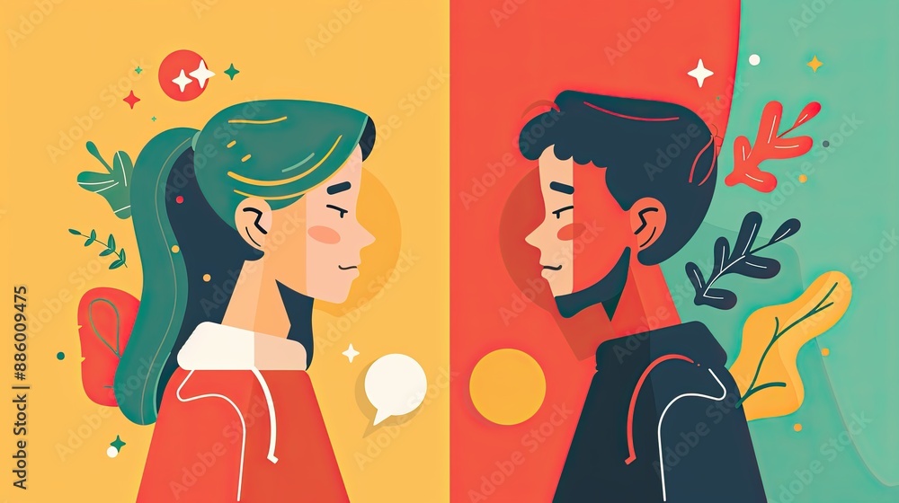 Persuasive messaging flat design side view marketing theme cartoon drawing Split-complementary color scheme Persuasive messaging flat design side view marketing theme cartoon drawing Split-complementary color scheme