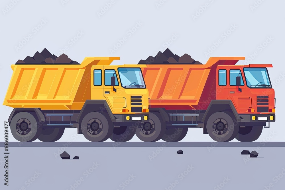 Construction trucks flat design front view construction theme animation Split-complementary color scheme Construction trucks flat design front view construction theme animation Split-complementary color scheme