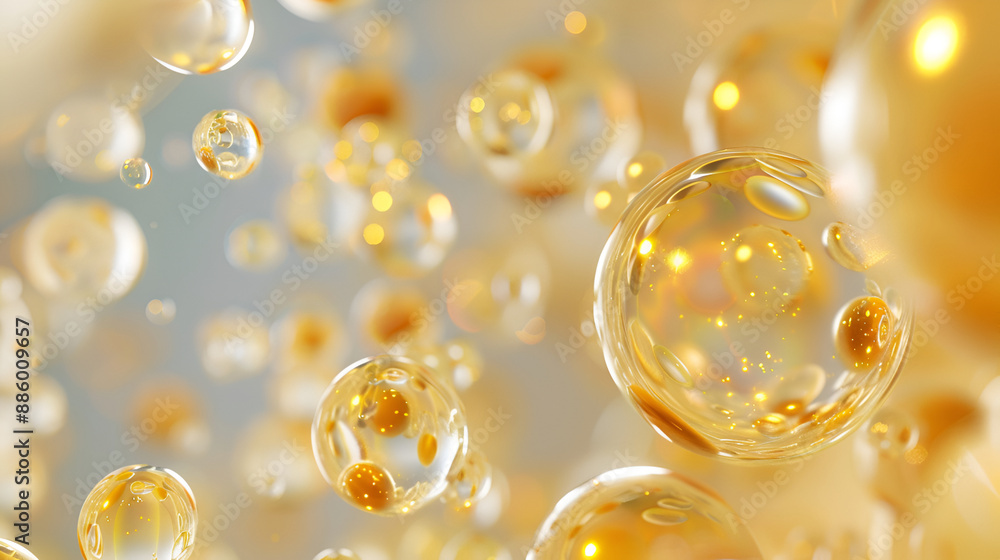Golden yellow bubble oil or serum, Abstract Yellow water bubbles background , Macro View of Bubbles in Liquid Golden yellow bubble oil or serum, Abstract Yellow water bubbles background , Macro View of Bubbles in Liquid