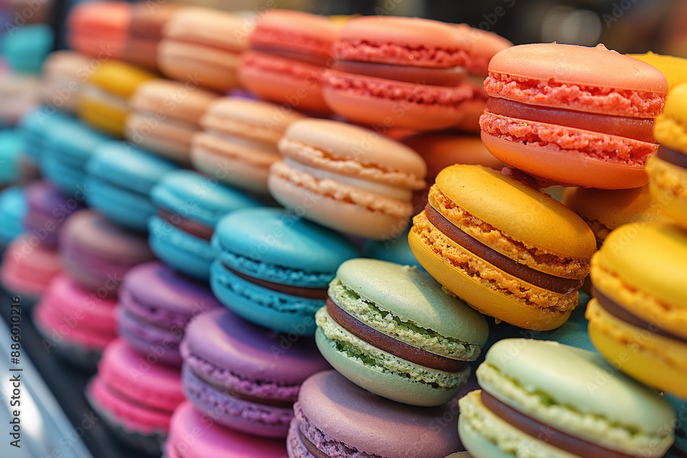 Farandole de macarons multicolor, close-up of French dessert for coffee. Farandole de macarons multicolor, close-up of French dessert for coffee.
