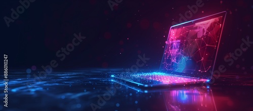 Futuristic Holographic Laptop: Wireframe Design with Blue Gradient, copy space.
