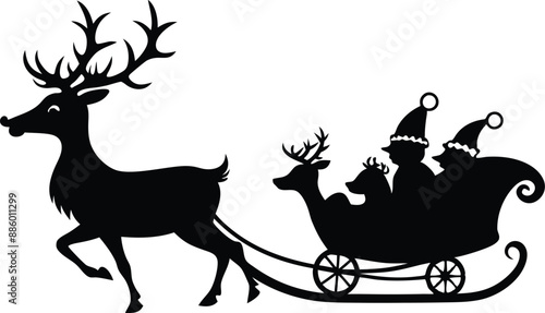 Santa Claus is flying in sleigh with Christmas reindeer. Silhouette of Santa Claus, sleigh with Christmas presents and reindeer