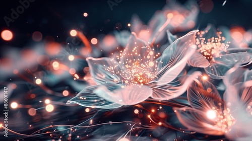 Enchanting Night Blooms, Abstract Branch with Luminous Flowers and Bokeh Lights, 3D Rendering.