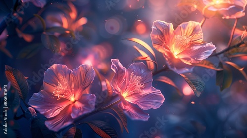 Night Blossoms: Luminous White Flowers on Branch with Bokeh Lights, 3D Rendering. 