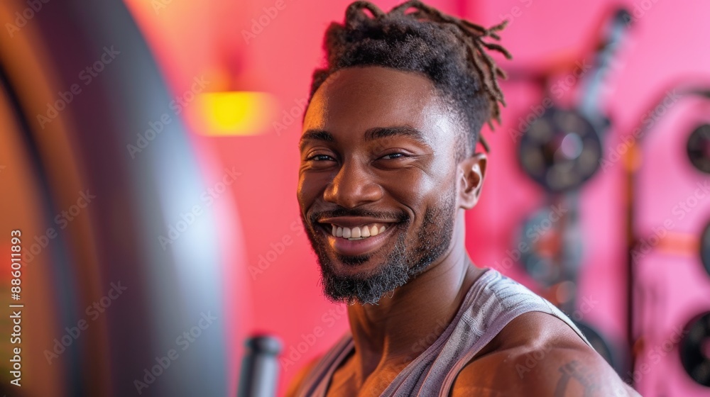 Smiling man in a gym setting with exercise equipment in the background, vibrant and motivational atmosphere, healthy lifestyle concept. Smiling man in a gym setting with exercise equipment in the background, vibrant and motivational atmosphere, healthy lifestyle concept.