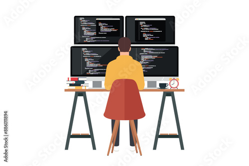 Programmer working writing code on computer isolated on white background