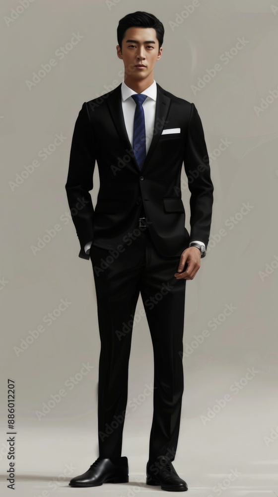 Asian man, white collar, black suit, white shirt, royal blue tie, black pants, black shoes, front view Asian man, white collar, black suit, white shirt, royal blue tie, black pants, black shoes, front view