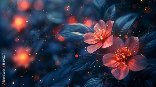 Night Blossoms: Luminous White Flowers on Branch with Bokeh Lights, 3D Rendering.