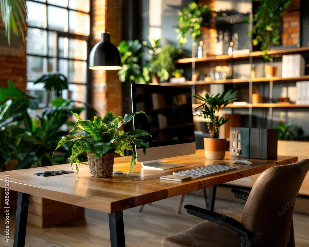 Fototapeta premium A serene biophilic workspace flooded with natural light, where indoor plants bring life and creativity to the urban office