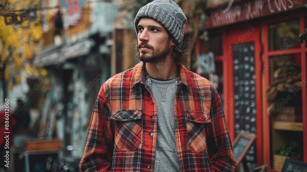 Man in a hipster outfit with a beanie and plaid shirt, representing alternative style Man in a hipster outfit with a beanie and plaid shirt, representing alternative style