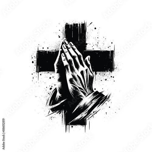 cross with praying hand in graffiti stencil with simple paint dripping