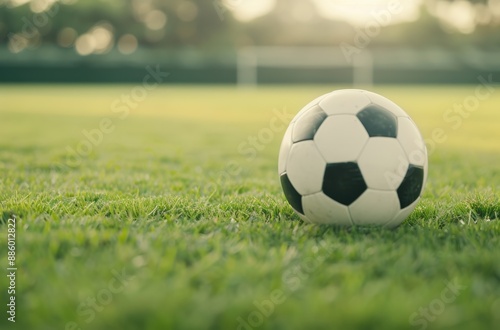 Soccer ball on green grass field with goal post in background during sunset, perfect for sports, recreation, and outdoor activity themes.