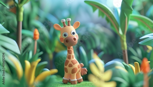 Adorable Cartoon Giraffe in Vibrant Jungle Setting for Kids' Projects