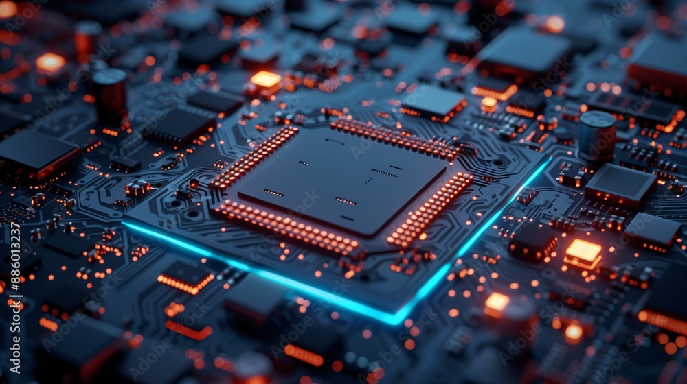 Future-Tech Processor and Circuitry Aglow in Dynamic Blue and Orange Lights. Future-Tech Processor and Circuitry Aglow in Dynamic Blue and Orange Lights.