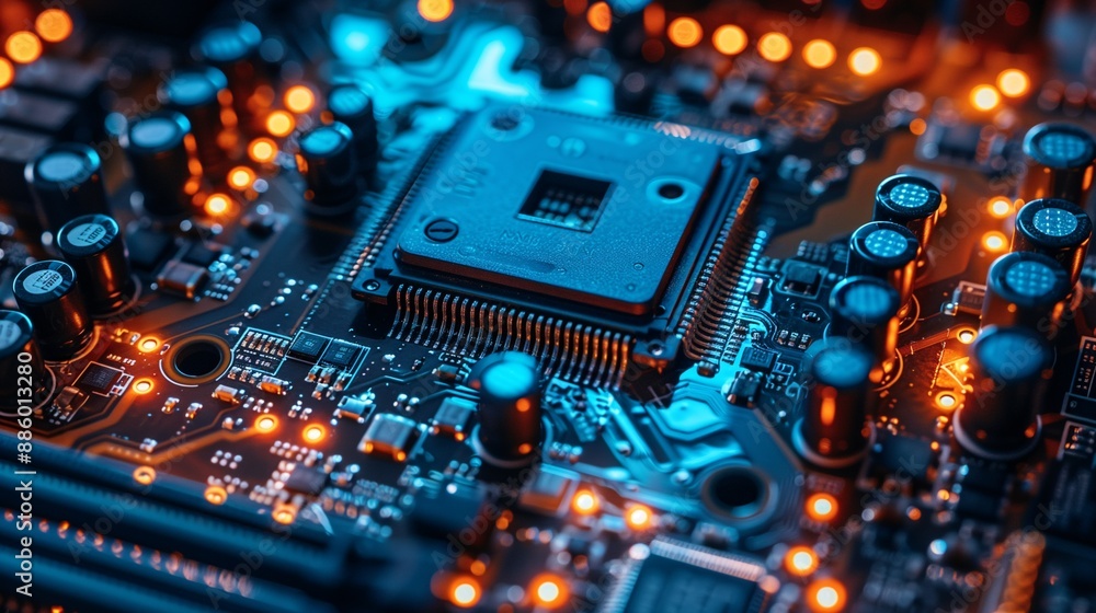 Future-Tech Processor and Circuitry Aglow in Dynamic Blue and Orange Lights. Future-Tech Processor and Circuitry Aglow in Dynamic Blue and Orange Lights.