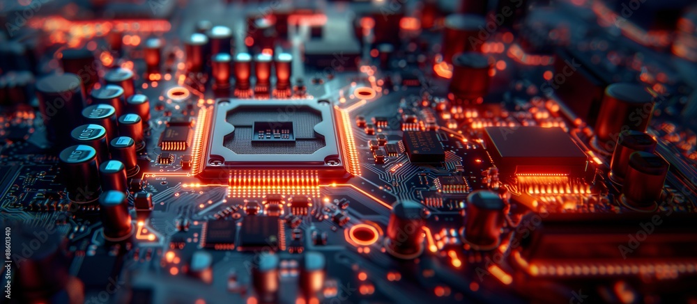 Future-Tech Processor and Circuitry Aglow in Dynamic Blue and Orange Lights, Copy Space. Future-Tech Processor and Circuitry Aglow in Dynamic Blue and Orange Lights, Copy Space.
