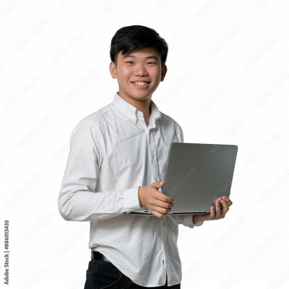 a young masculine asian man brings hist laptop on one hand, smilling, for linkeding photo, in white background a young masculine asian man brings hist laptop on one hand, smilling, for linkeding photo, in white background