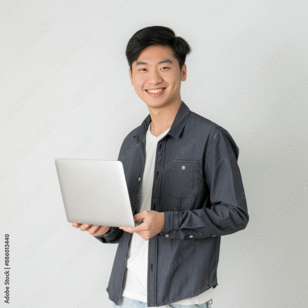 a young masculine asian man brings hist laptop on one hand, smilling, for linkeding photo, in white background a young masculine asian man brings hist laptop on one hand, smilling, for linkeding photo, in white background