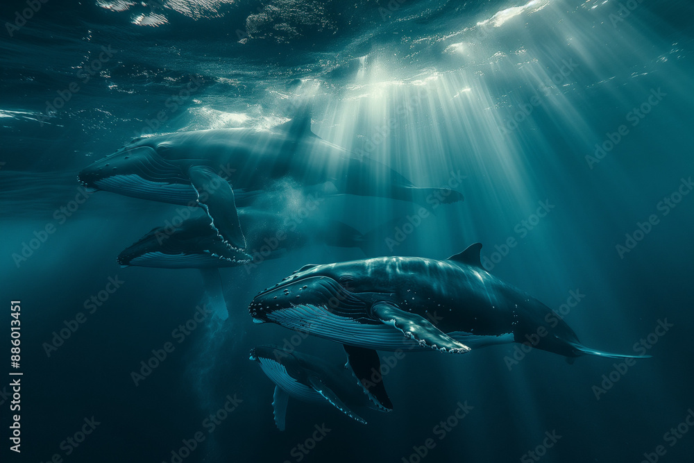 Fototapeta premium A majestic underwater Humpback whales swimming together in the ocean, in the depths of the ocean.
