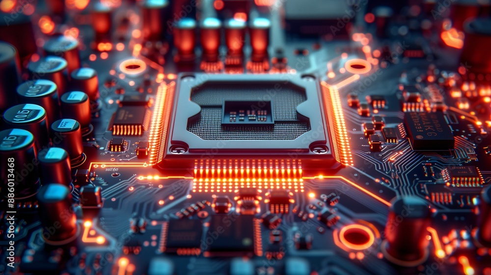 Future-Tech Processor and Circuitry Aglow in Dynamic Blue and Orange Lights. Future-Tech Processor and Circuitry Aglow in Dynamic Blue and Orange Lights.