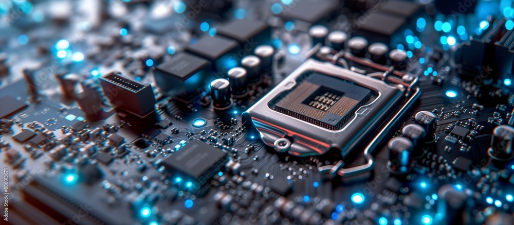 Future-Tech Processor and Circuitry Aglow in Dynamic Blue and Orange Lights, Copy Space. Future-Tech Processor and Circuitry Aglow in Dynamic Blue and Orange Lights, Copy Space.